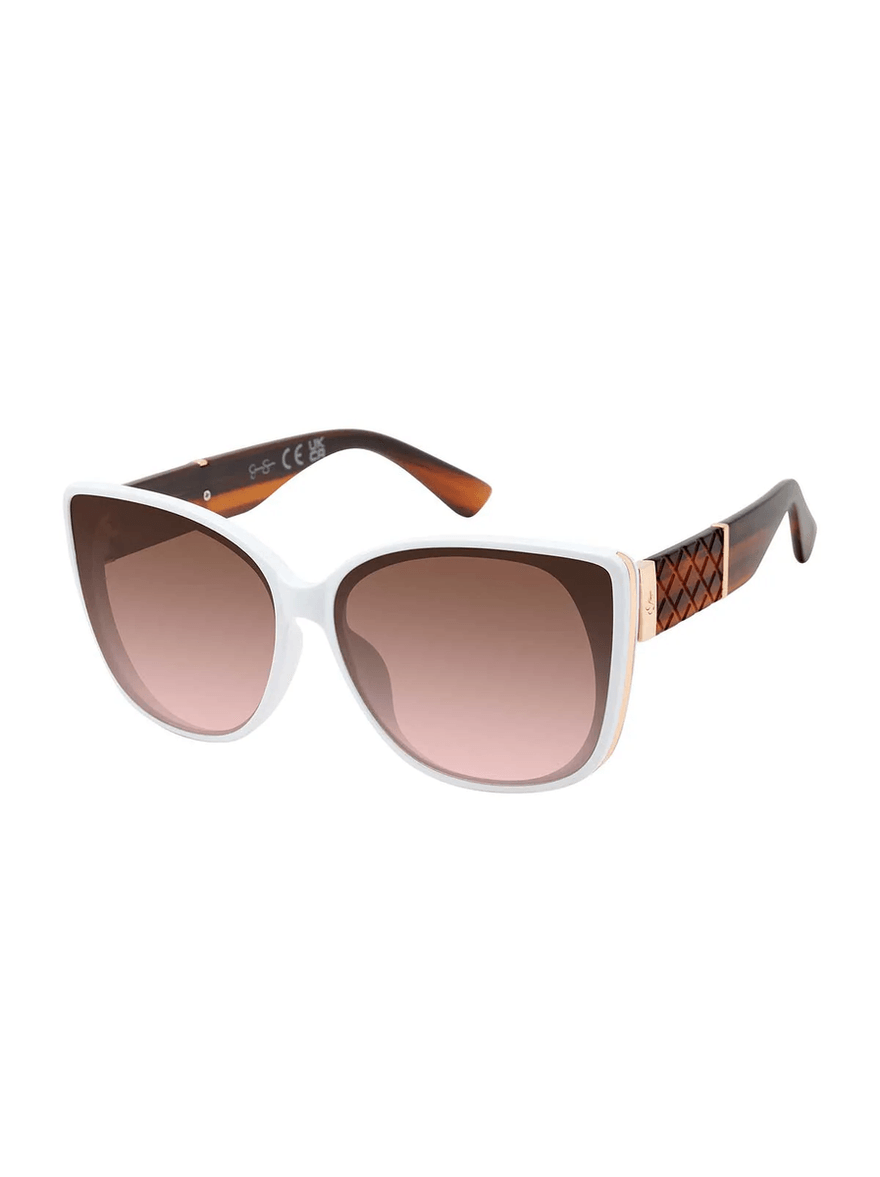 Jessica Simpson Embossed Temple Cat-Eye Sunglasses in White Wood