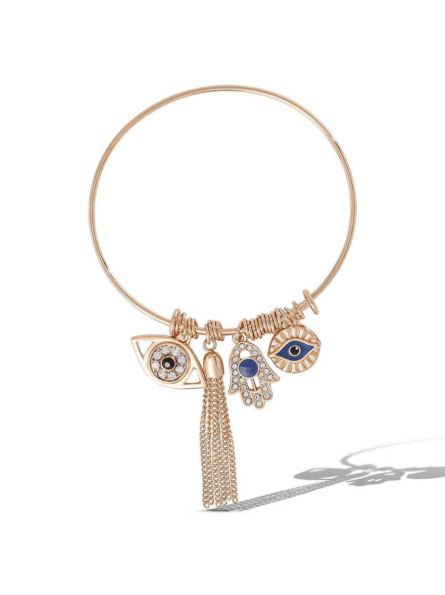 Jessica Simpson Crystal Lucky & Tassel Charms Bangle Gold