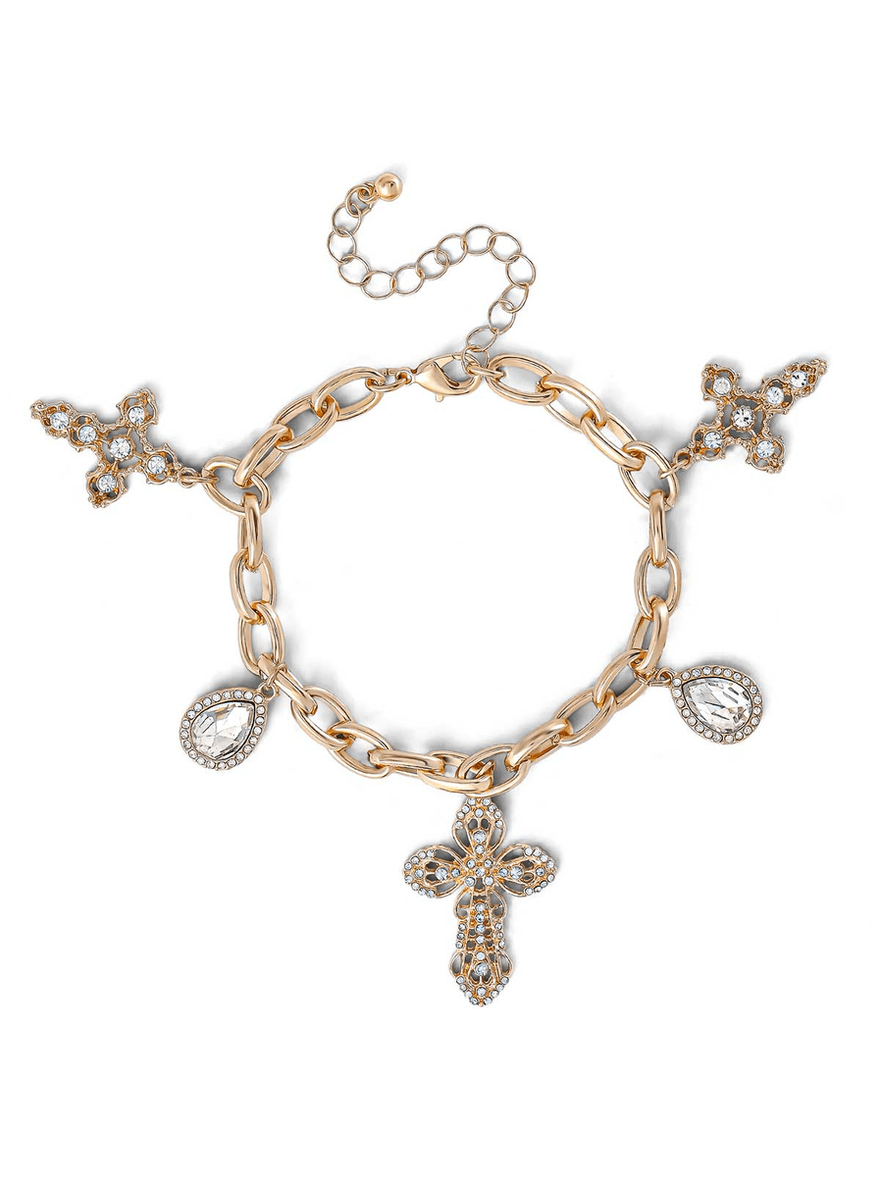 Jessica Simpson Cross & Clear Glass Stone Charm Bracelet Gold