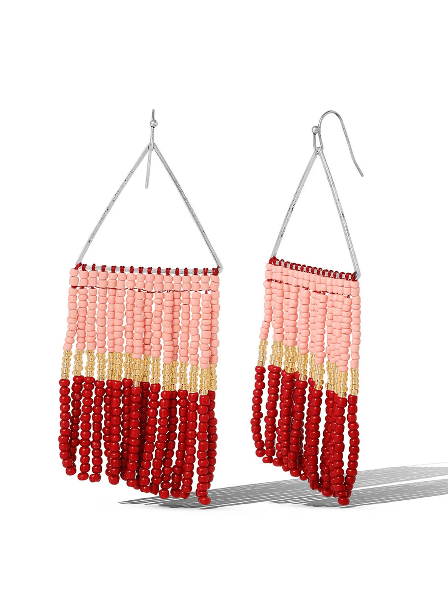 Jessica Simpson Multi Seed Beads Fringe Dangle Earring Red