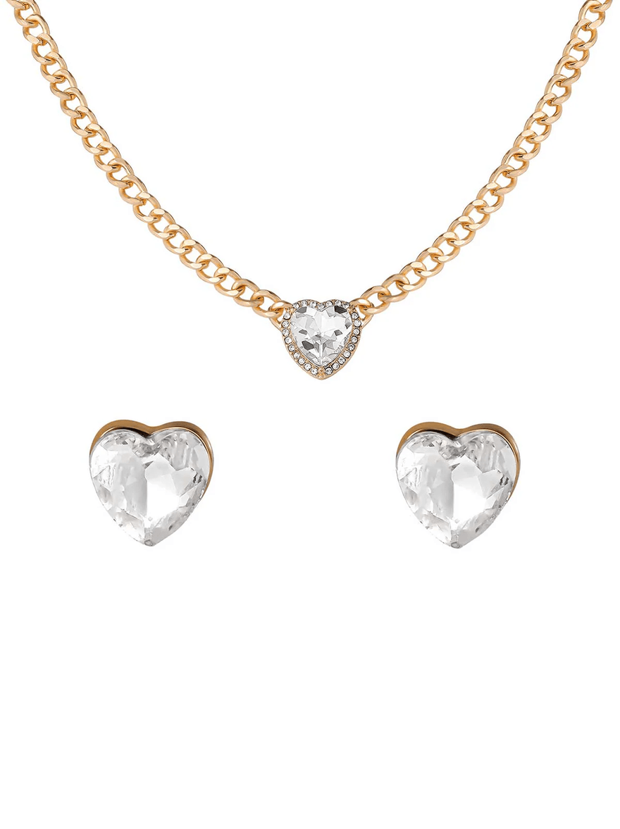 Jessica Simpson Heart Crystal Necklace & Stud Earring Set Gold