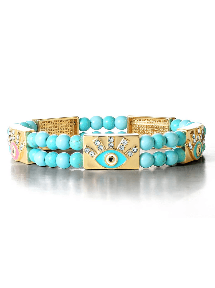 Jessica Simpson Evil Eye Turquoise Bead Stretch Bracelet Gold