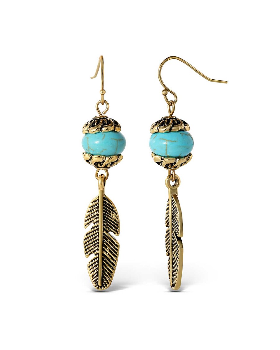 Jessica Simpson Turquoise Bead Feather Drop Earrings in Gold