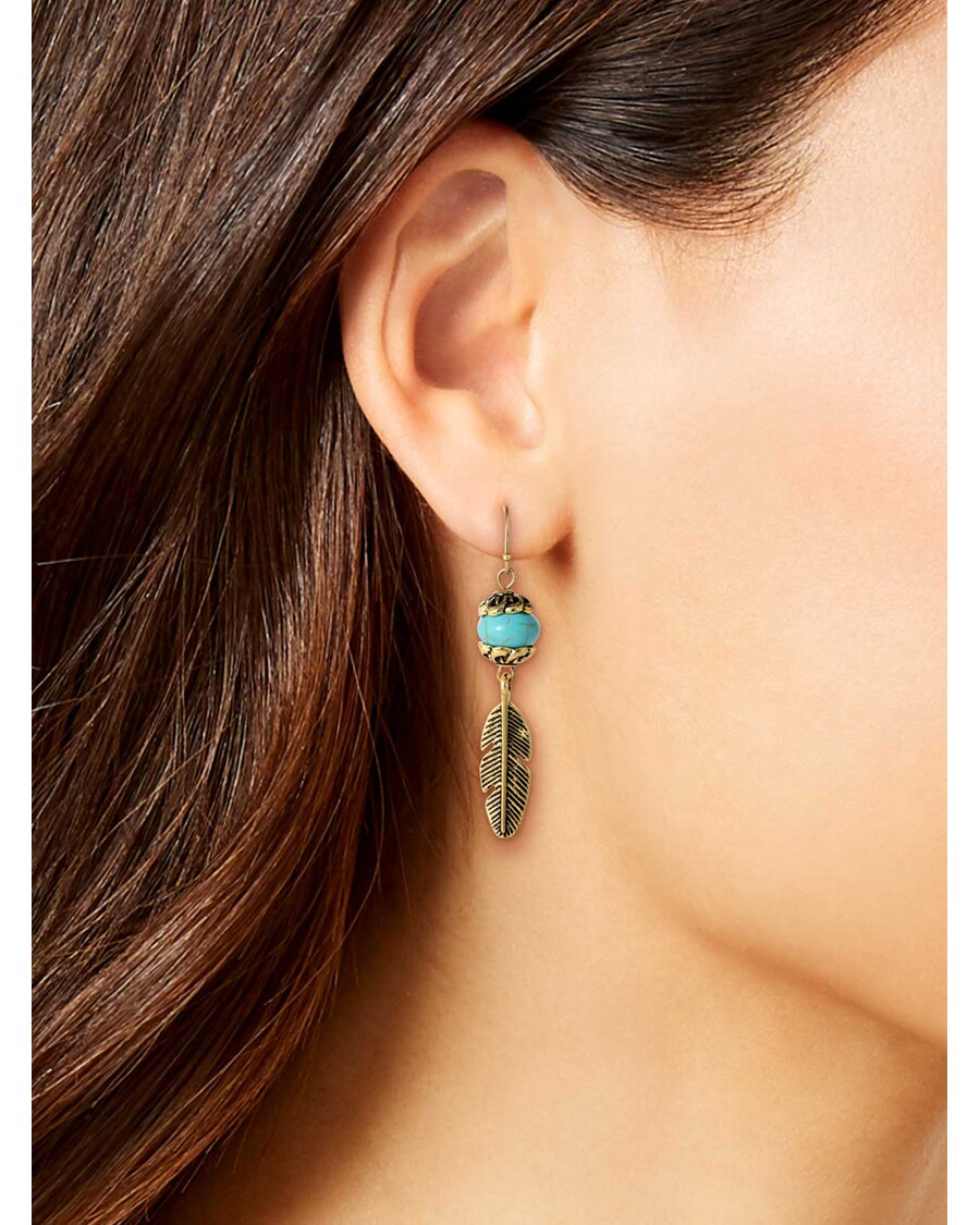 Jessica Simpson Turquoise Bead Feather Drop Earrings in Gold