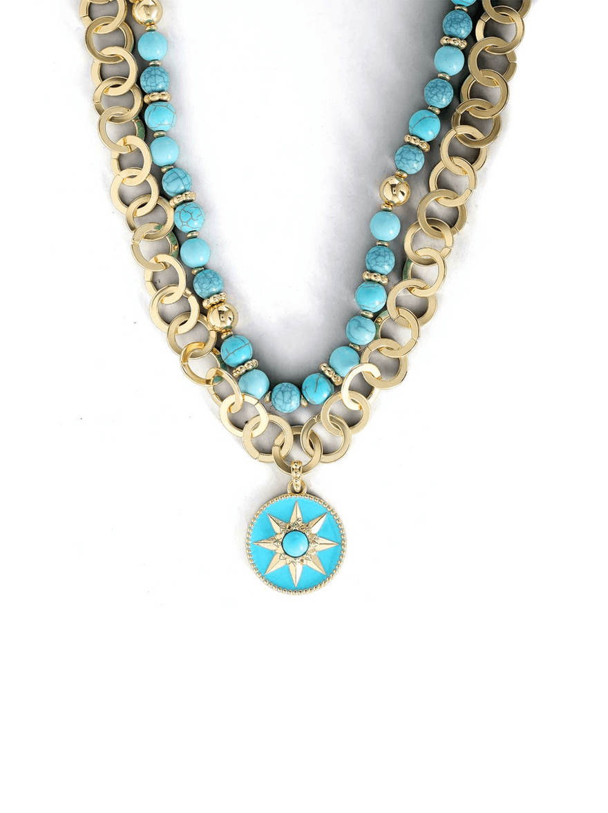 Jessica Simpson Layered Necklace with Turquoise Beads Gold