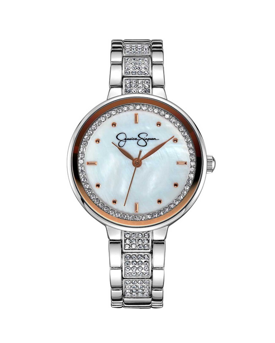 Jessica Simpson Crystal & Genuine Mother Of Pearl Dial Watch in Silver Tone