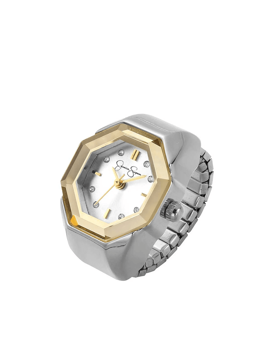 Jessica Simpson Faceted Bezel Crystal Ring Watch in Silver