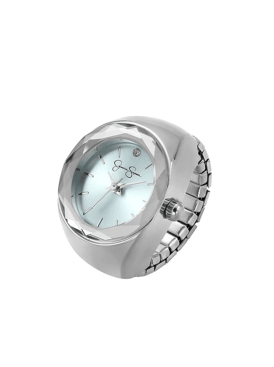 Jessica Simpson Faceted Bezel Single Crystal Ring Watch in Silver