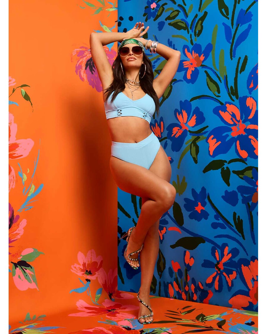 Jessica Simpson Textured Solids V Front High Waisted Bottom in Sky