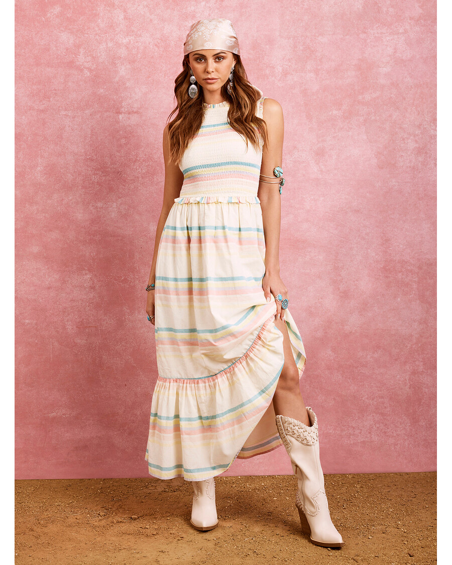 Jessica Simpson Mira Rochie Maxi Cu Volane în Etaje în Dungi Gardenia-spectrum