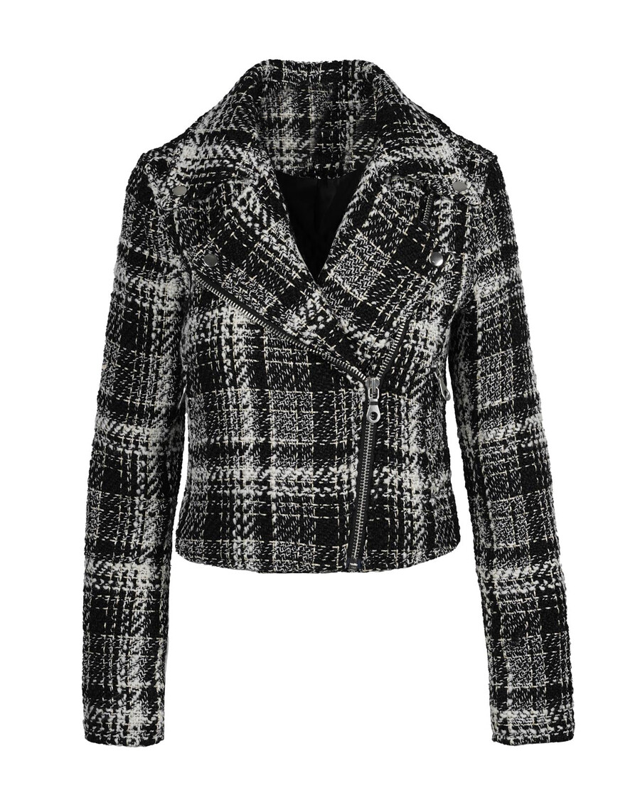 Jessica Simpson Biker Jacket in Black & White Tweed