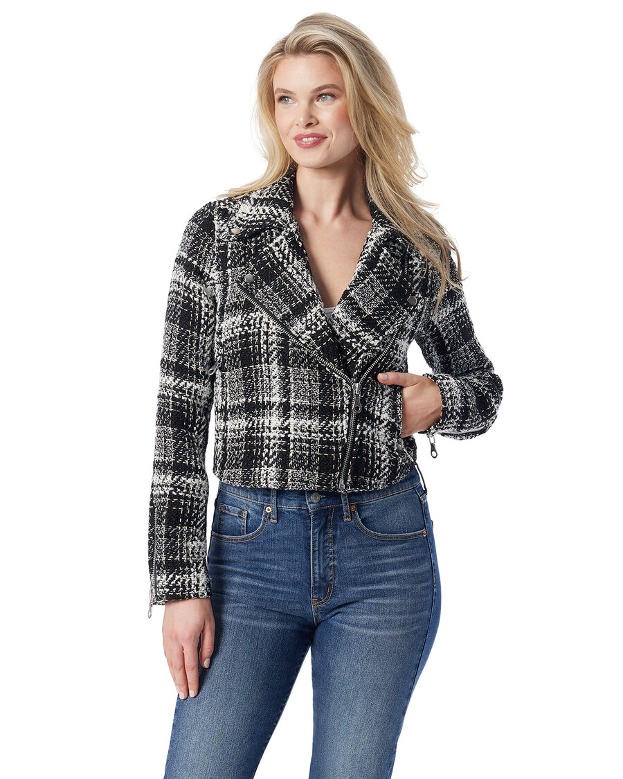 Jessica Simpson Biker Jacket in Black & White Tweed