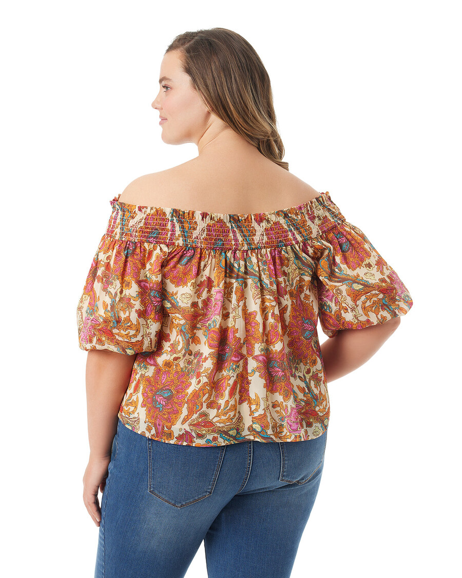 Jessica Simpson Rosiya – Top Z Odkrytymi Ramionami W Kolorze Morelowego Sorbetu Paisley