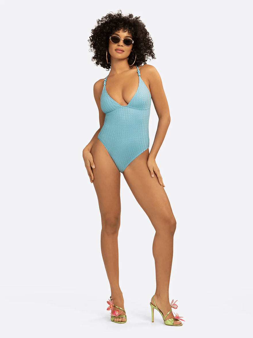 Jessica Simpson Twisted Jacquard Classic One Piece in Blue Retro