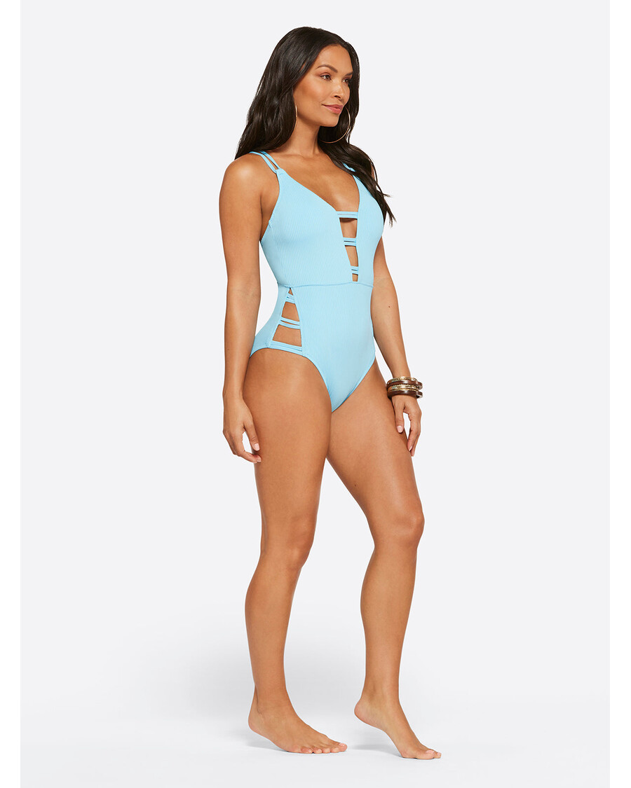 Jessica Simpson Textured Solids Plunge One Piece in Sky