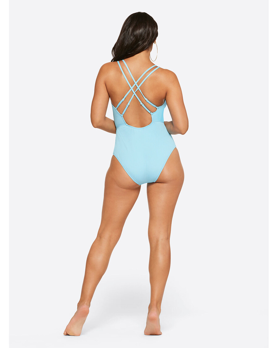 Jessica Simpson Textured Solids Plunge One Piece in Sky