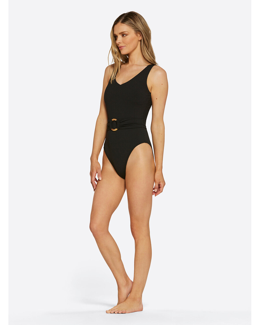 Jessica Simpson Textured Solids Belted One Piece in Black