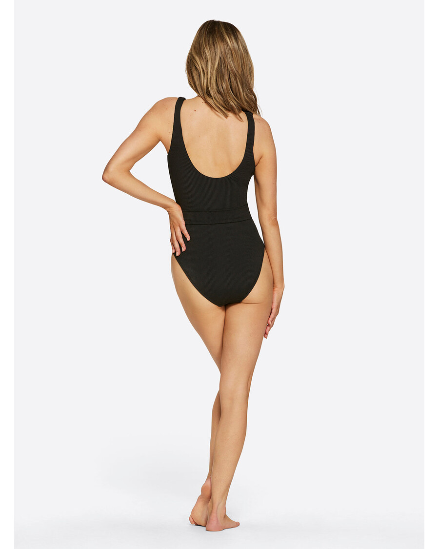 Jessica Simpson Textured Solids Belted One Piece in Black