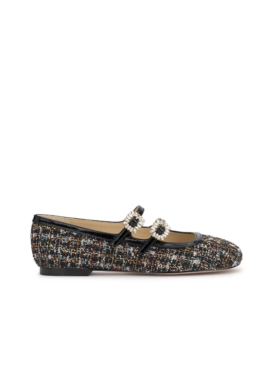 Jessica Simpson Allista Buckle Ballet Flat in Sparkle Tweed Black Sequin Tweed